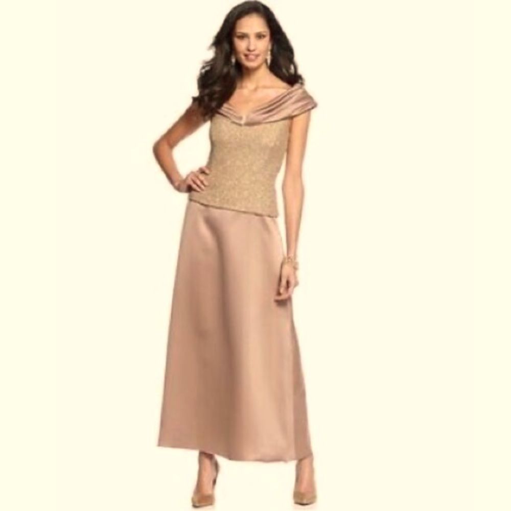 Patra Gold Satin Glitter Sequin Top and Taupe satin skirt pleated collar Sz 6